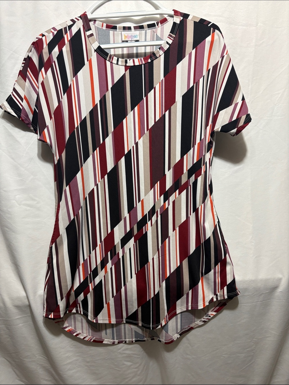 LuLaRoe Short Sleeve Diagonal Stripe Tee - Burgundy, Black, White, Pink, Orange